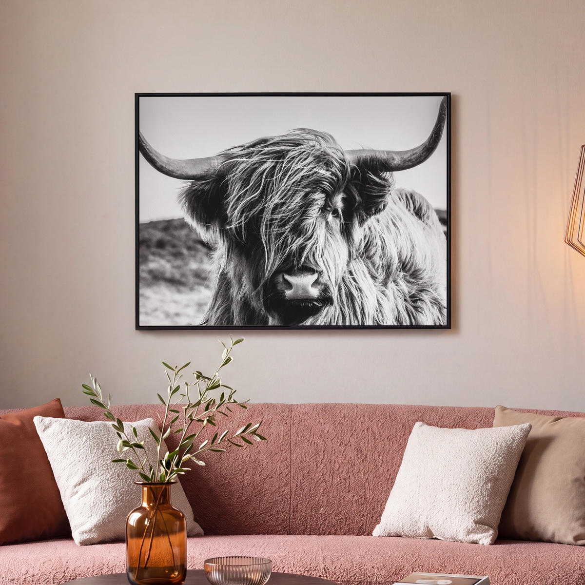 LEINWAND Bilder mit Rahmen - Kuh - Schottischer Hochländer - Schwarz - Weiß - Tier - Natur - Wildtiere - 70x50 - Schwarz, Textil (70/50cm) - MuchoWow