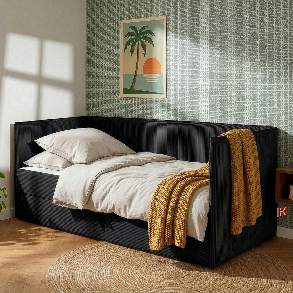 JUGENDBETT ROTI Einzelbett mit Bettkasten, 90x200cm, Bett mit Bonellmatratze, mit Rückenlehne - Schwarz, Holz/Holzwerkstoff (92/200cm) - KONSIMO®