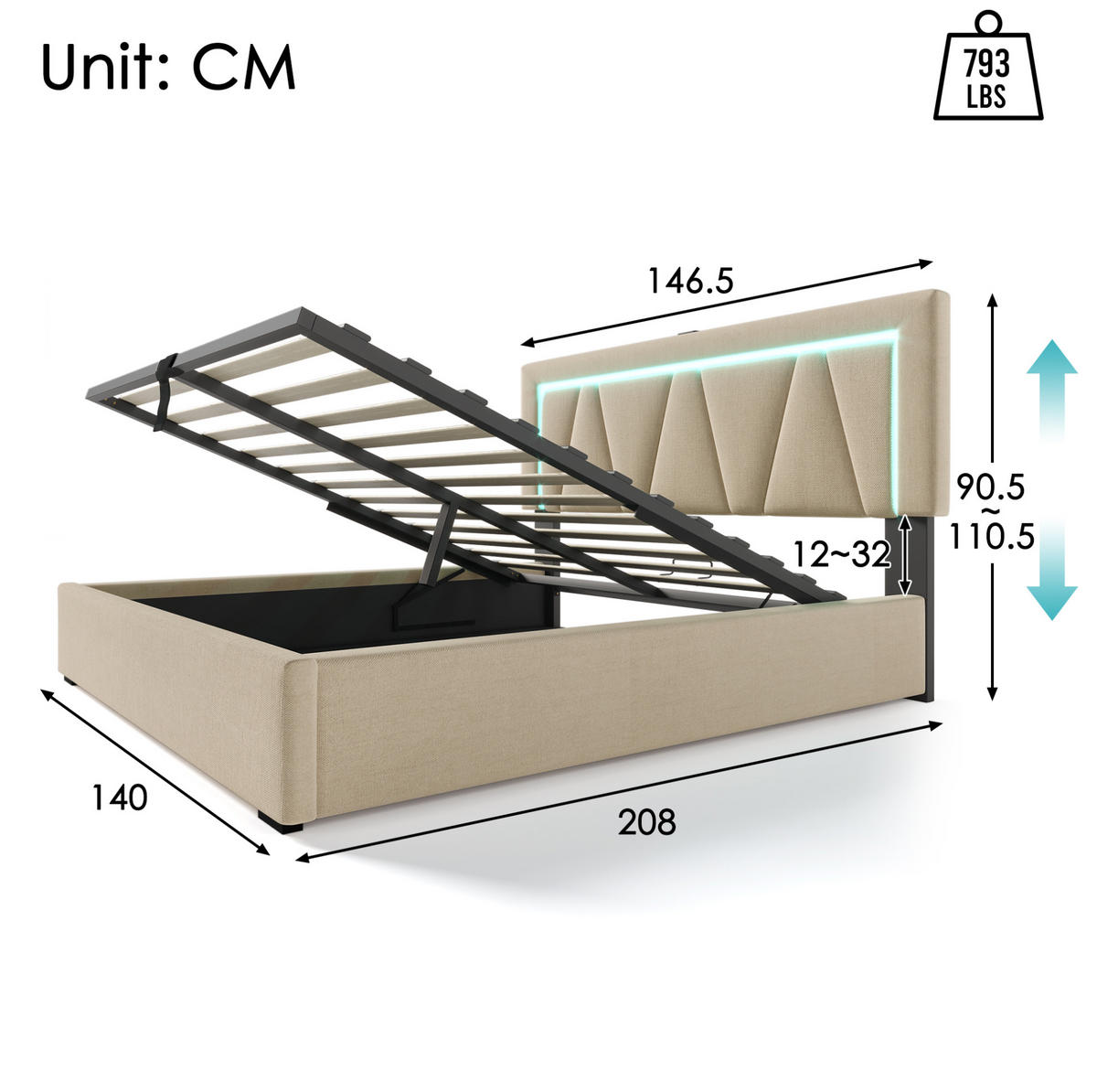POLSTERBETT mit Stauraum, USB und LED 140x200 cm Leinen Beige - Beige, Metall (140/200cm) - Meubliv