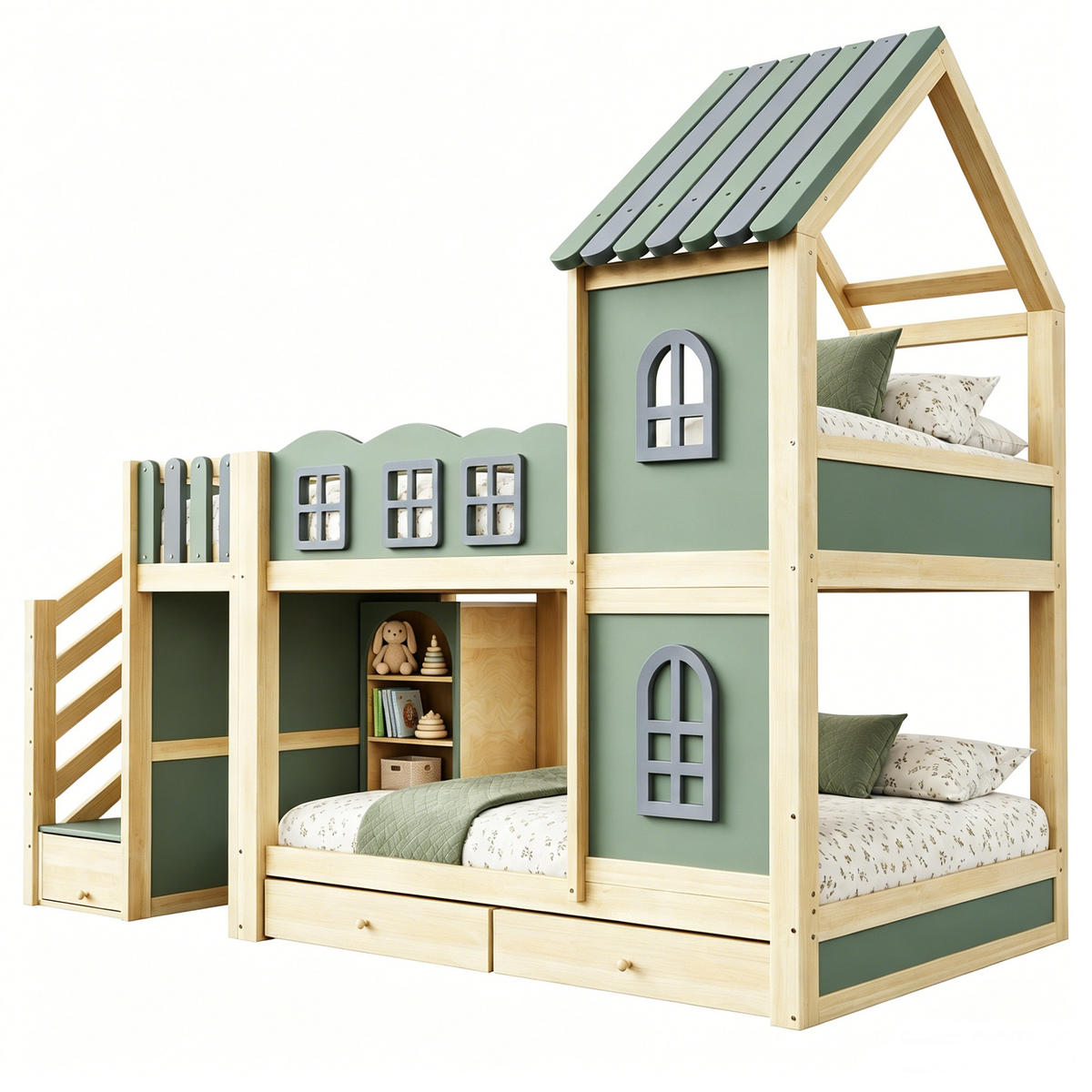 ETAGENBETT mit Stauraumleiter 90x200 cm Holz Green/Grey/Natural Wood - Grün, Holz (90/200cm) - Meubliv