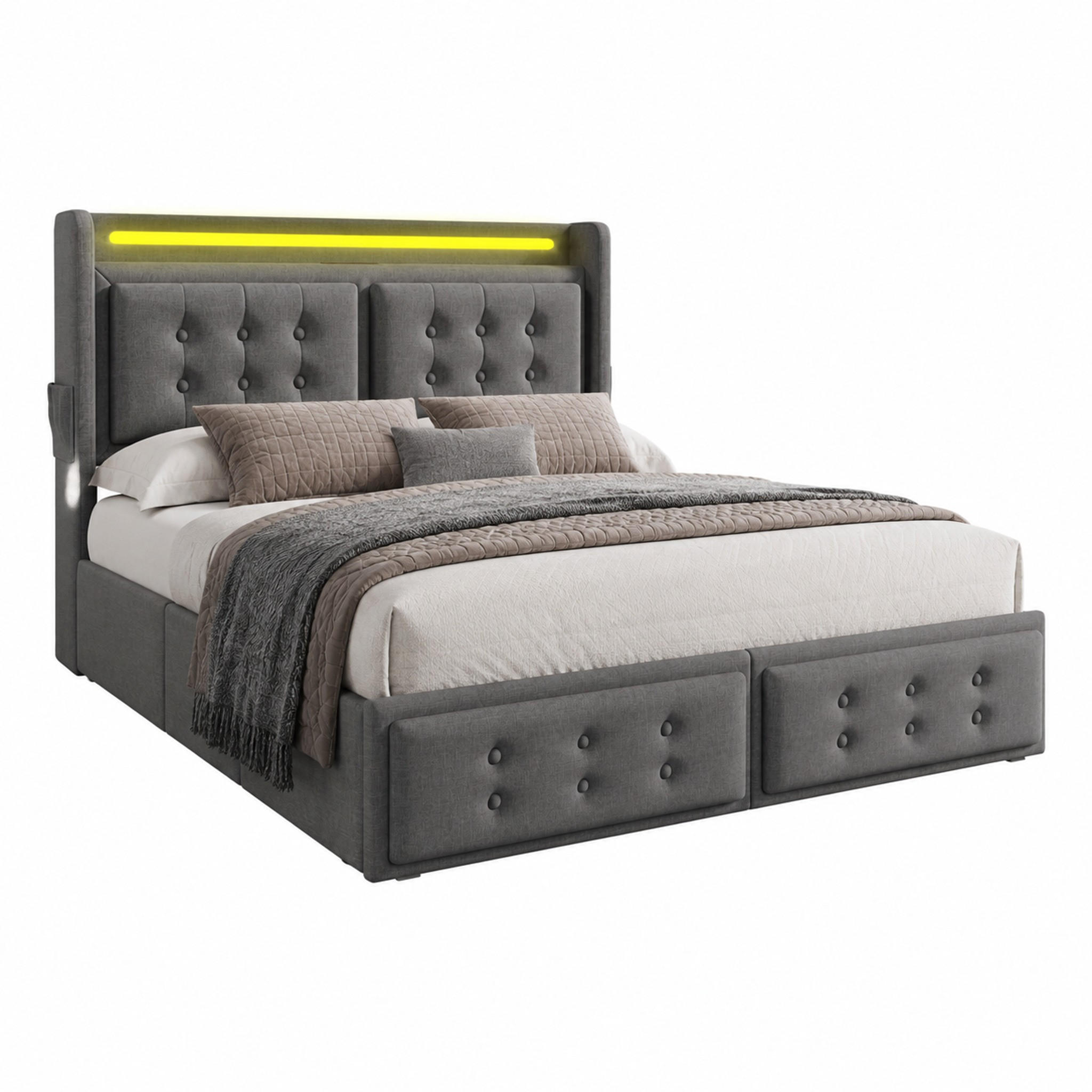 BETT mit Matratze 140x200 cm Grau mit LED, USB-C und 4 Schubladen - Grau, Metall (140/200cm) - Meubliv