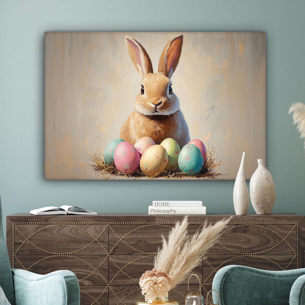 LEINWANDBILD Osterhase - Pastell - Eier Groß 140x90 cm - Beige, Textil (140/90cm) - MuchoWow