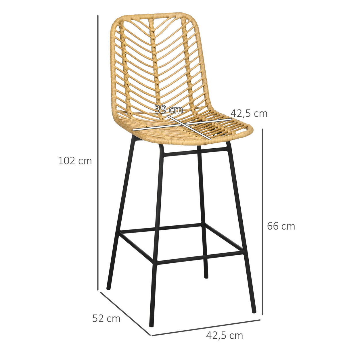 BARHOCKER 2er-Set mit Rückenlehne 42,5 x 52 x 102 cm Rattanoptik Gelb - Gelb, Metall (52/102/42.5cm) - Meubliv