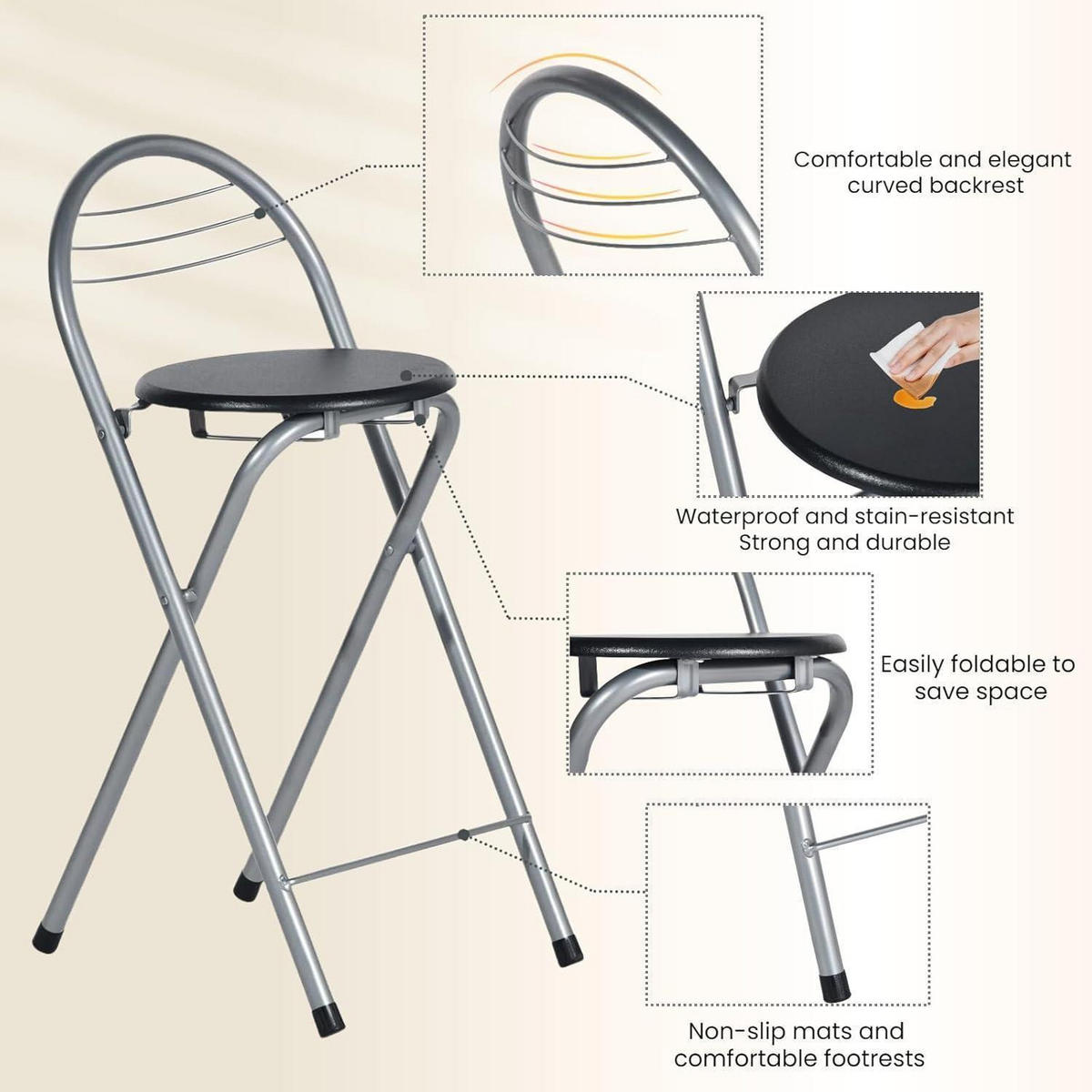 BARHOCKER Klappbar Sitzhöhe 61 cm Schwarz/Silber - Multicolor, Metall (36/79/41cm)
