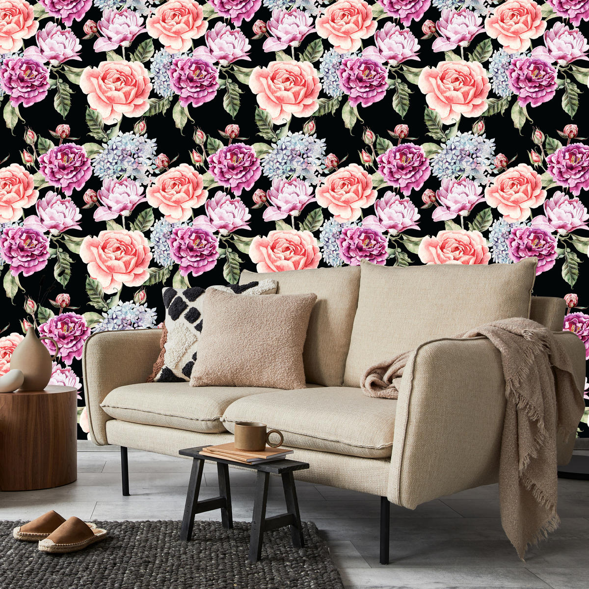 VLIESTAPETE Rosen und Pfingstrosen – Rosa, Grün, Schwarz – 50x1000 cm - Schwarz/Rosa, Papier (50/1000cm) - Muralo