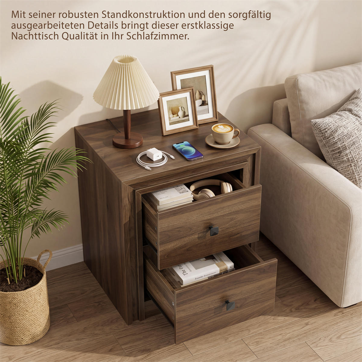 NACHTTISCH 46x39x53,5 cm mit 2 Schubladen und 2 schwarze Griffe - Mid-Century Design - Walnuss-Optik - Walnussfarben, Holzwerkstoff (38/53.5/48cm) - DELFA