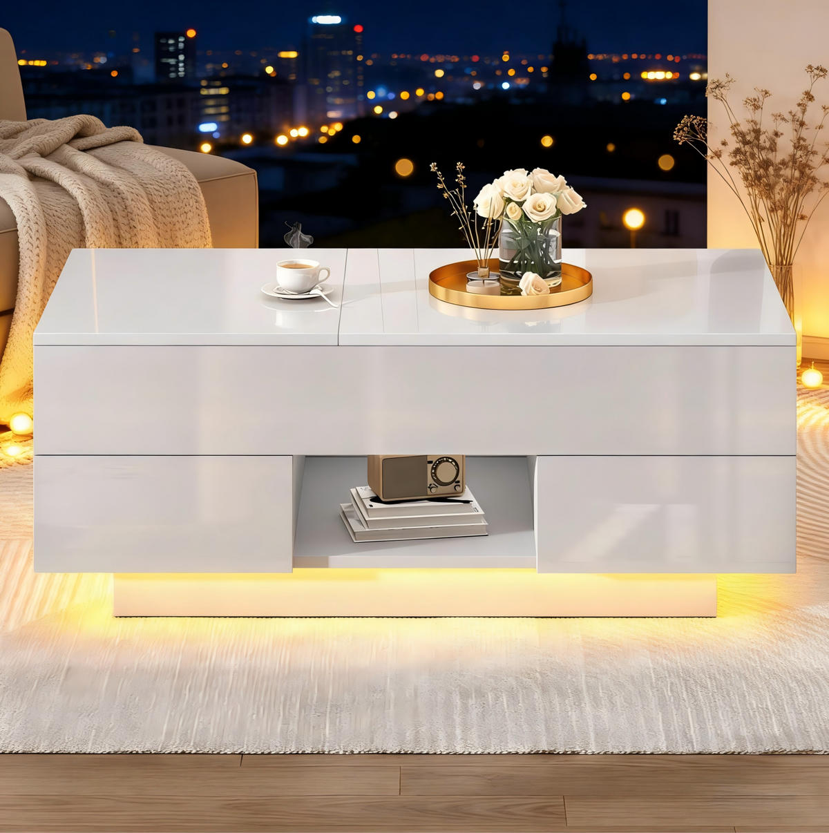 COUCHTISCH 100/45/43 cm Weiß aus Holzwerkstoff mit höhenverstellbarer Klappplatte LED und 2 Schubladen - Weiß, Holzwerkstoff (100/45/43cm) - OKWISH