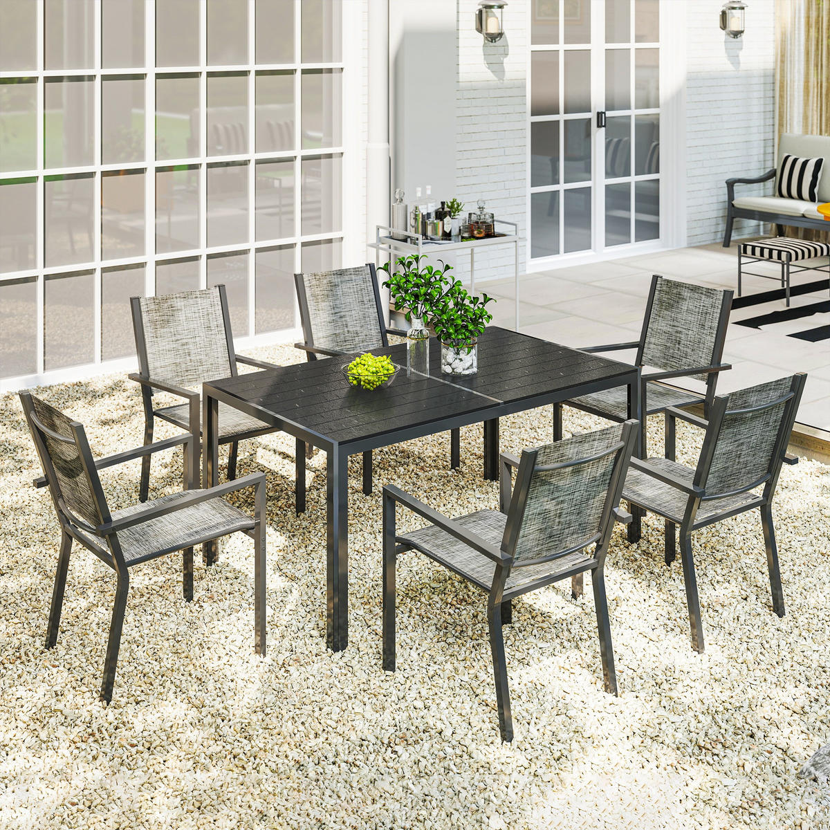 GARTENTISCHGRUPPE DE-18102 150 cm Tisch mit Lattenplatte, 6 Stühle Schwarz - Schwarz, Metall - ComfortXL