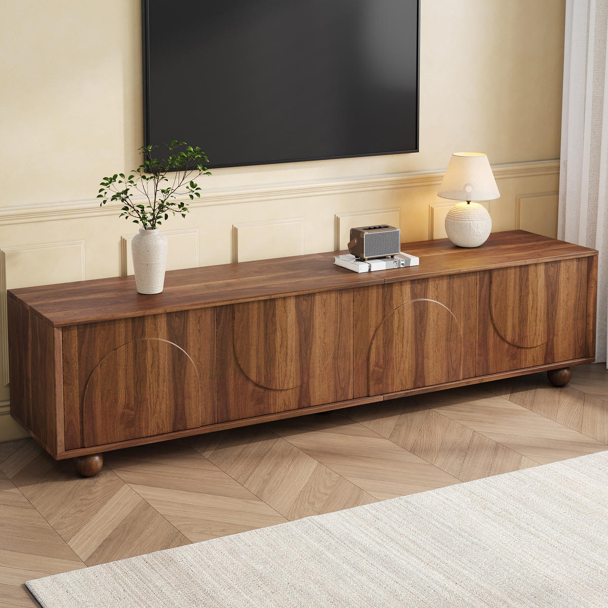 TV-RACK 180cm NussbaumHolzdekor RetroFernsehbank PushtoOpen - Walnussfarben, Holz (48.01/18.01/115.01cm) - Raelunyi