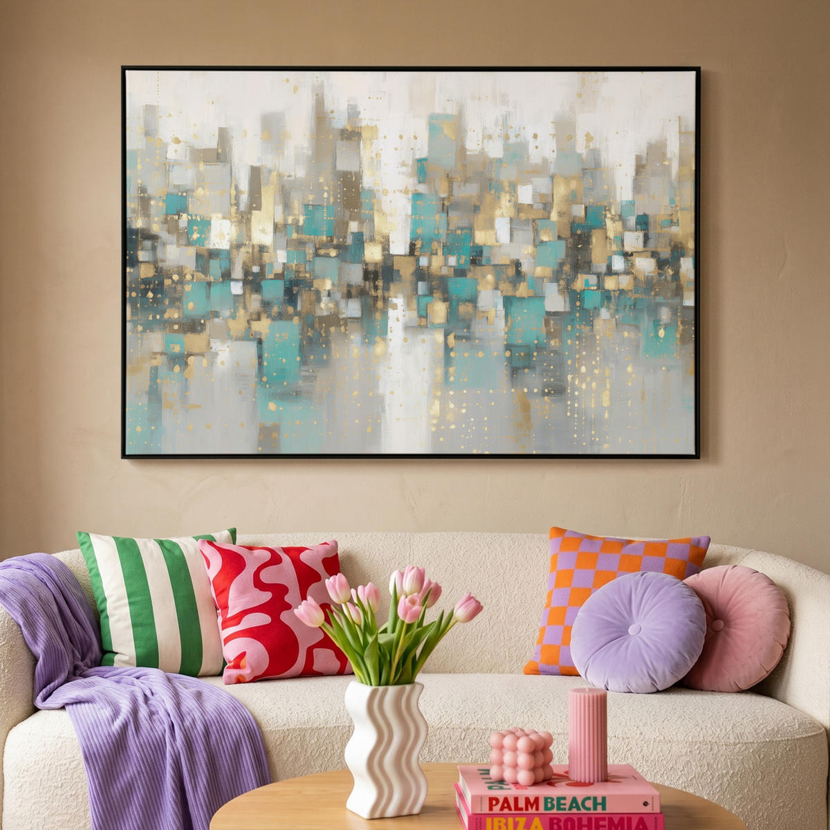 LEINWAND Bilder mit Rahmen - Abstrakt - Blöcke - Gold - Skyline - 150x100 - Beige, Textil (150/100cm) - MuchoWow