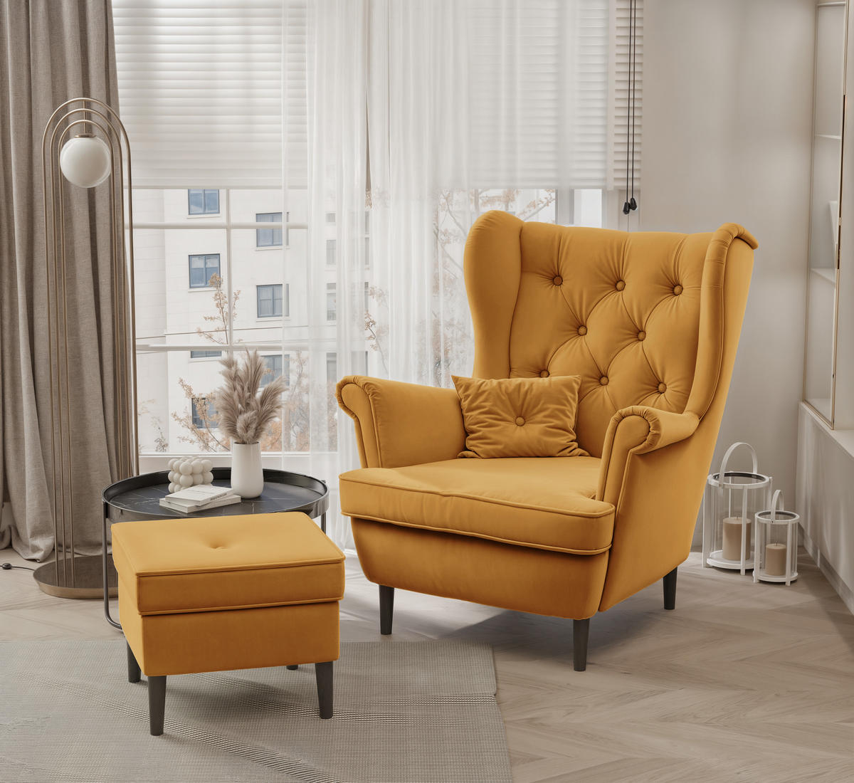 OHRENSESSEL SCANDI mit hocker, Samt Gelb - Gelb, Holz/Textil (75/97/57cm) - Idohome