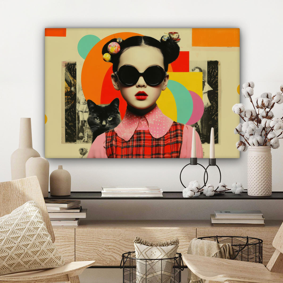 LEINWANDBILD Mädchen - Sonnenbrille - Katze - Retro Gemälde 60x40 cm - Beige, Textil (60/40cm) - MuchoWow