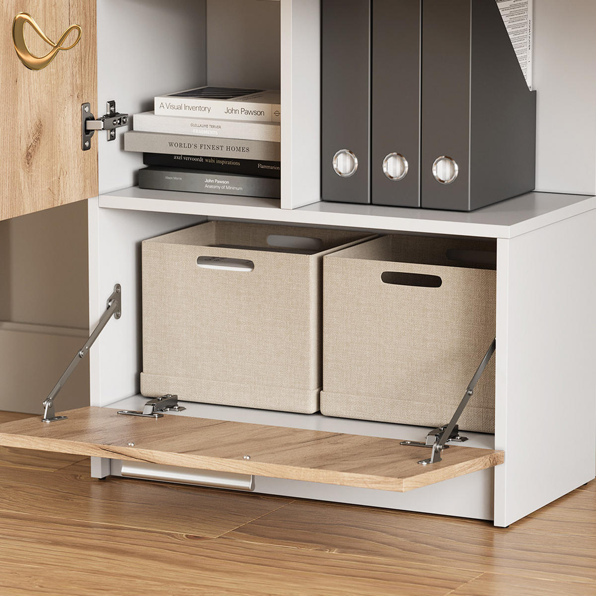 SCHREIBTISCH Lorena Weiß/Goldkraft Eiche 150 x 120.1 cm mit 2 Türen - Honigeiche/Weiß, Holzwerkstoff (59.3/150/120.1cm) - Livinity®