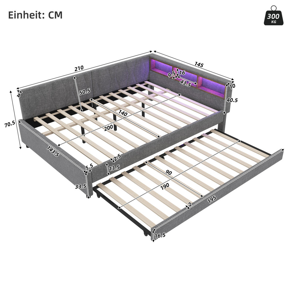 POLSTERBETT 140/200 cm mit LED-Beleuchtung, USB-C und ausziehbarem Gästebett - Grau, Textil (140/200cm) - BEAOK