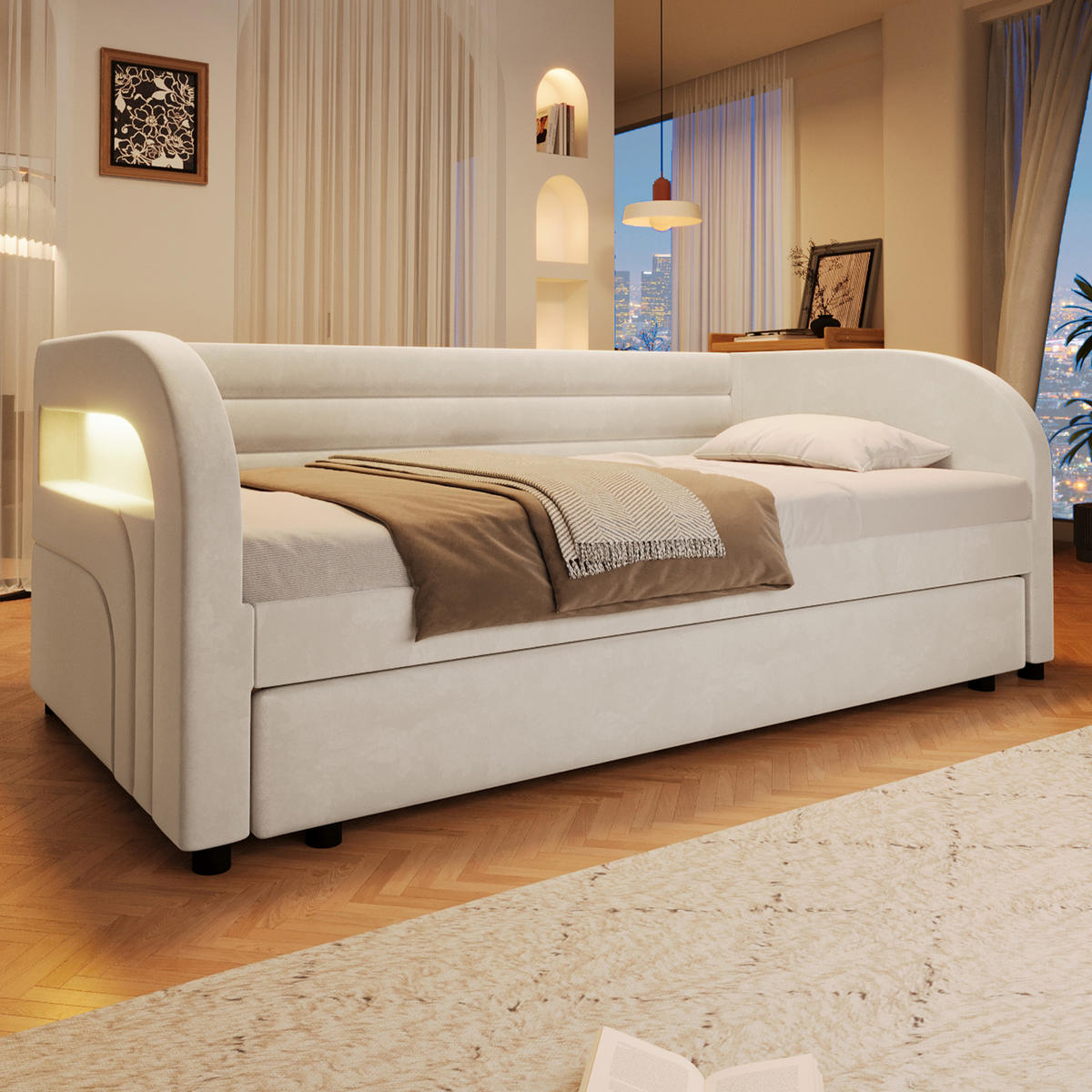 ČALOUNĚNÁ POSTEL 90/200 cm v béžové barvě s výsuvným lůžkem a LED - béžová, kov/kompozitní dřevo (90/200cm) - CHICFURN