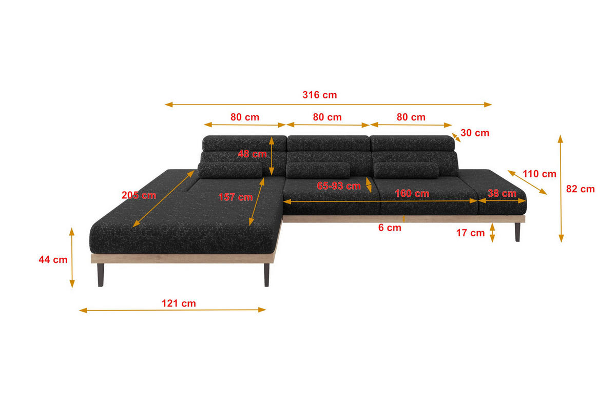 ELEKTRISCHES ECKSOFA Links MONA 316x205x85 Schwarz Velours - Schwarz, Holzwerkstoff/Textil (316/205cm) - ALTDECOR