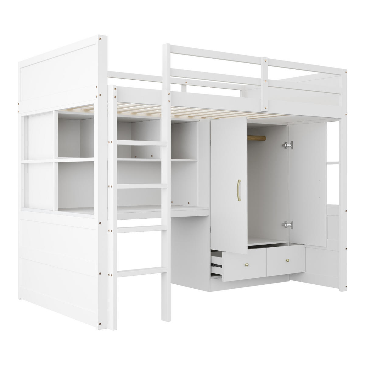HOCHBETT aus Massivholz 90x200 cm in Weiß mit Schreibtisch & Kleiderschrank - Weiß, Holz (90/200cm) - Modfu