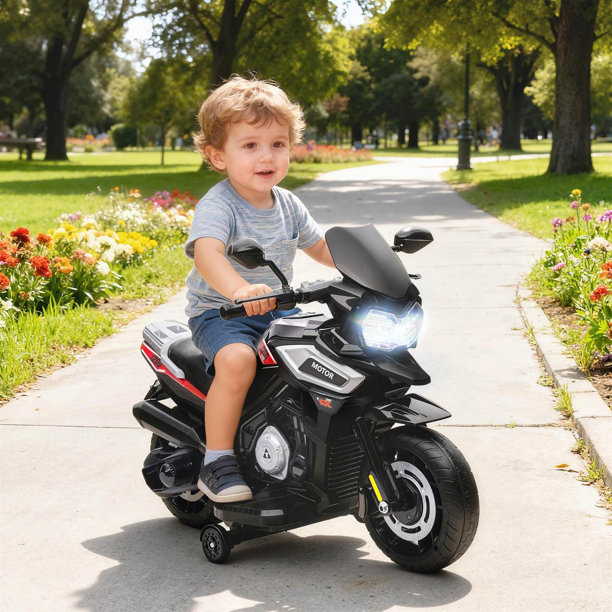 ELEKTRO-MOTORRAD Kinder 6V mit 2 Hilfsrädern, Schwarz - Schwarz, Kunststoff (85.5/44.5/56cm) - AIYAPLAY