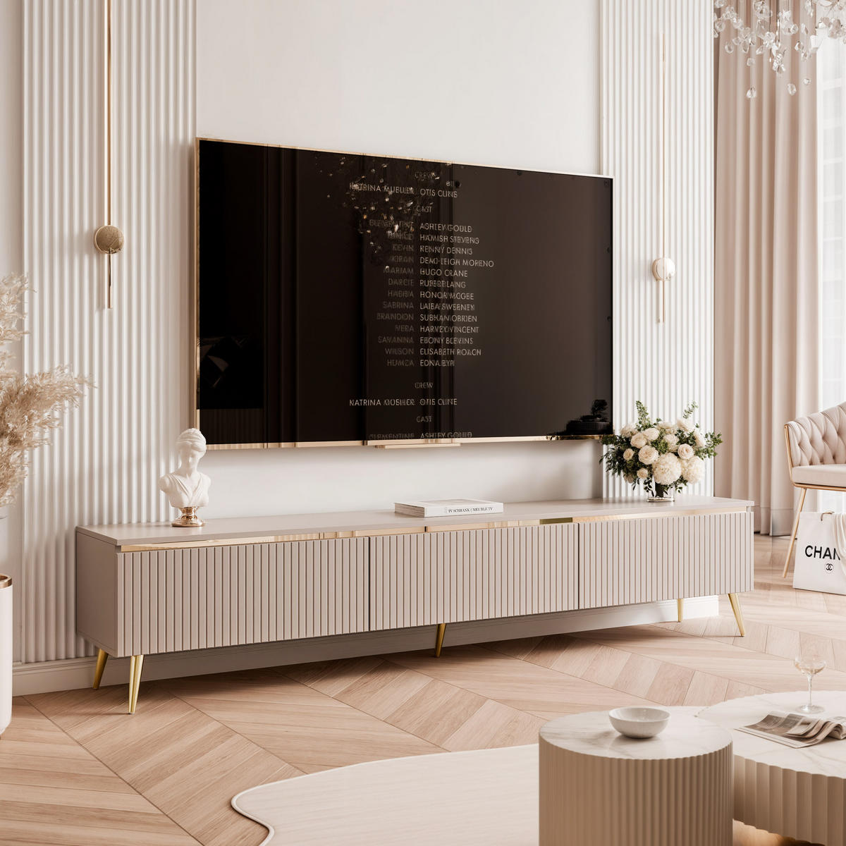 GERIFFELTER TV-Schrank SELIA 200 cm auf Füßen, Kaschmir mit goldener Zierleiste und LED-Beleuchtung - Kaschmir, Holzwerkstoff (200/42/35cm) - Idohome