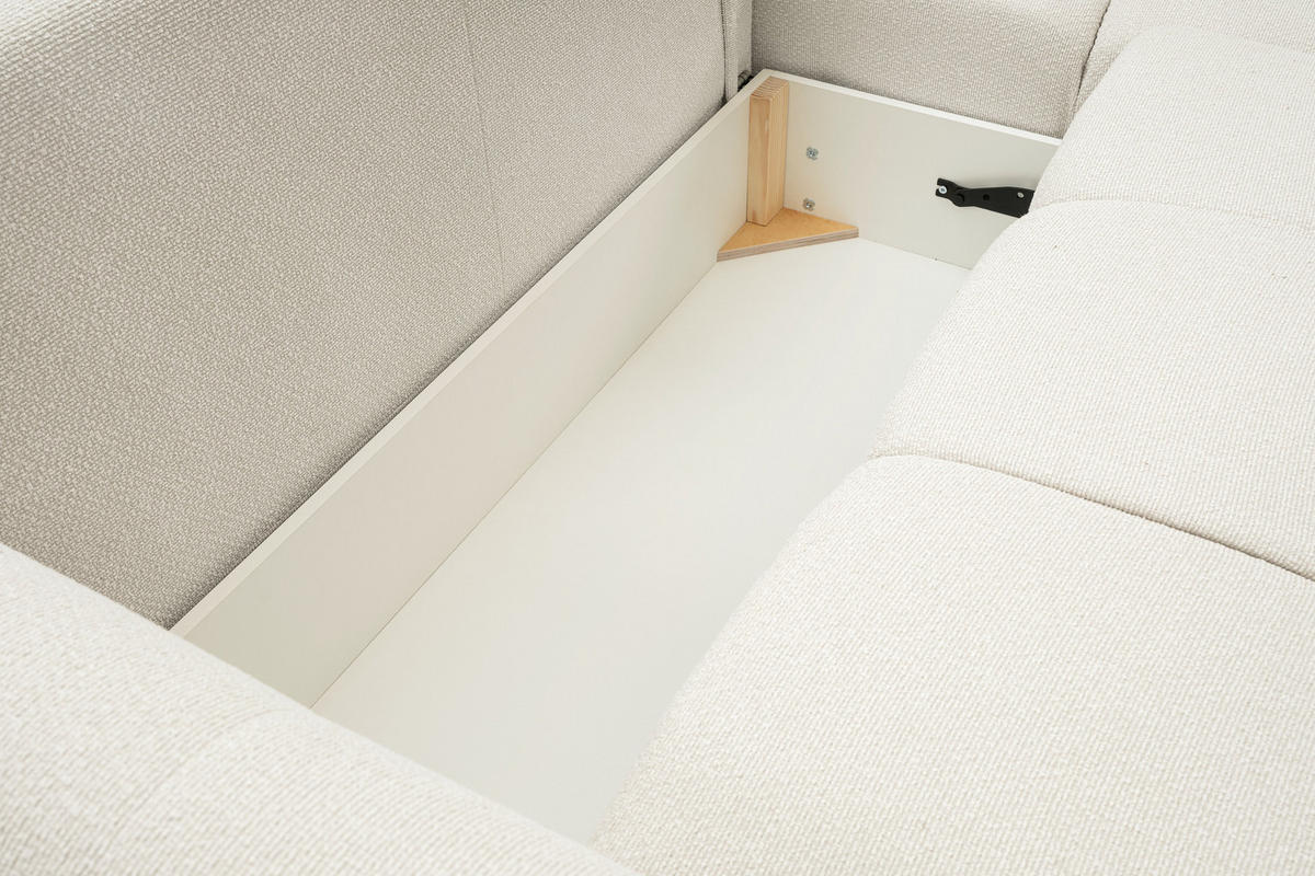 ECKSOFA MODA E Creme Geflochtener Stoff mit Schlaffunktion - Creme, Holz (257/177cm) - MASSENO