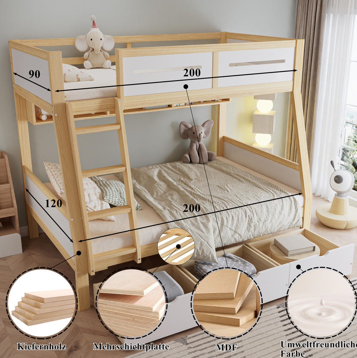 ETAGENBETT aus Kiefer und MDF 90x200/120x200 cm Weiß/Natur mit 3 Schubladen, Bilderbuchständer und Leiter - Weiß, Holzwerkstoff (90/200cm) - Modfu