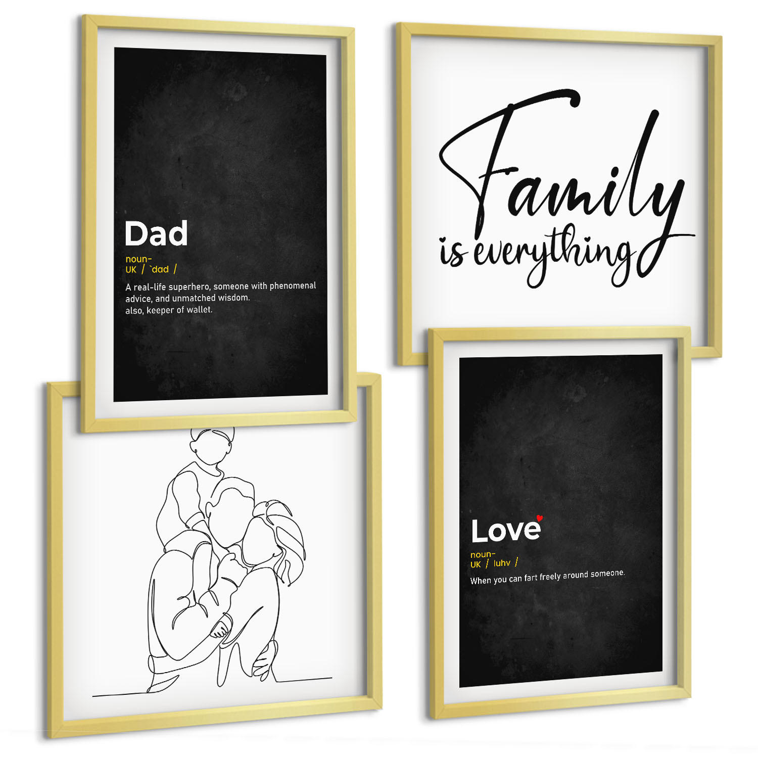 BILDER SET 4er Set - 50x50 cm & 40x60 cm Goldrahmen - Definitionen der Liebe in Familienzeichnungen - Goldfarben, Kunststoff (50/50cm) - TULUP