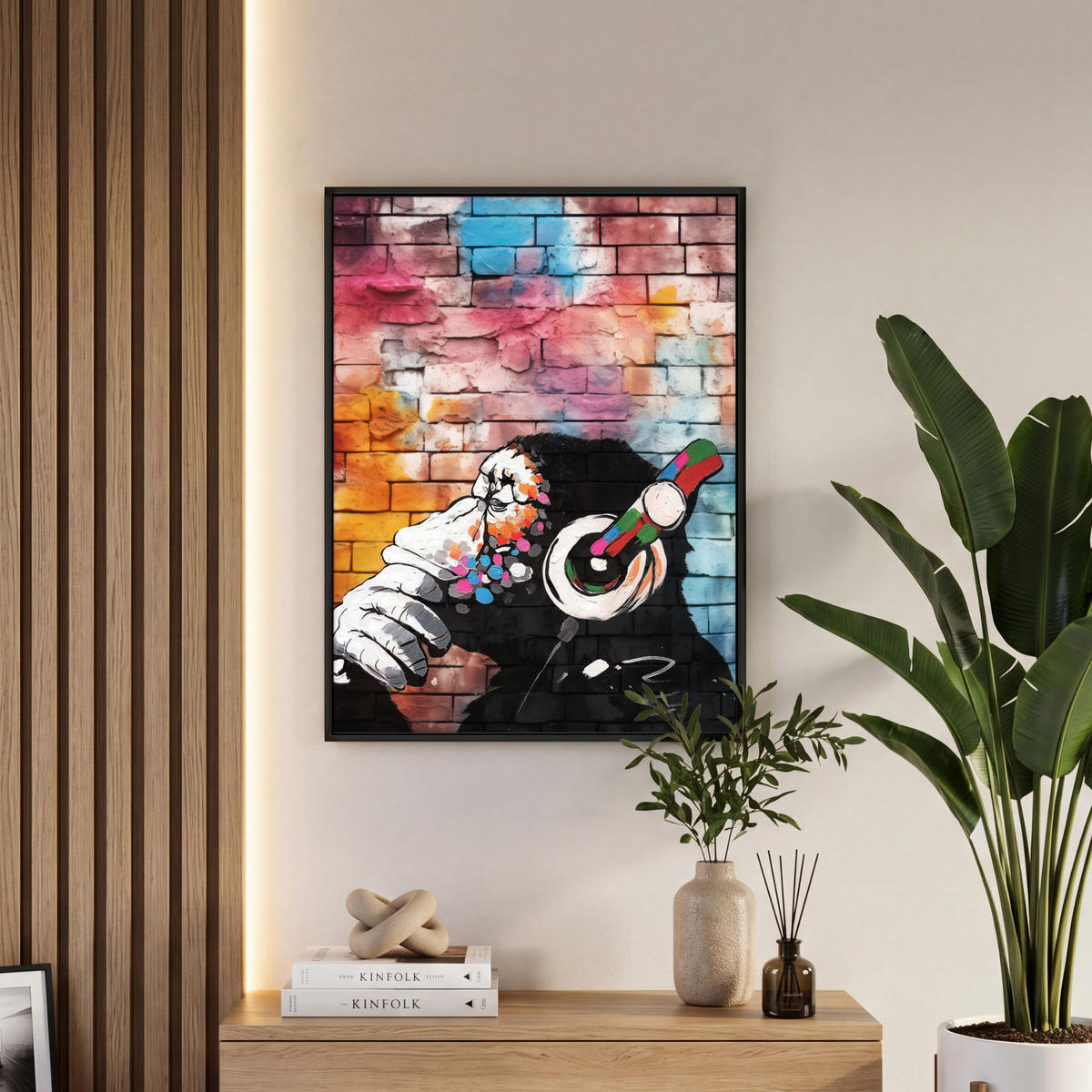 LEINWAND Bilder mit Rahmen - Affe - Graffiti - Musik - 60x80 - Multicolor, Textil (60/80cm) - MuchoWow