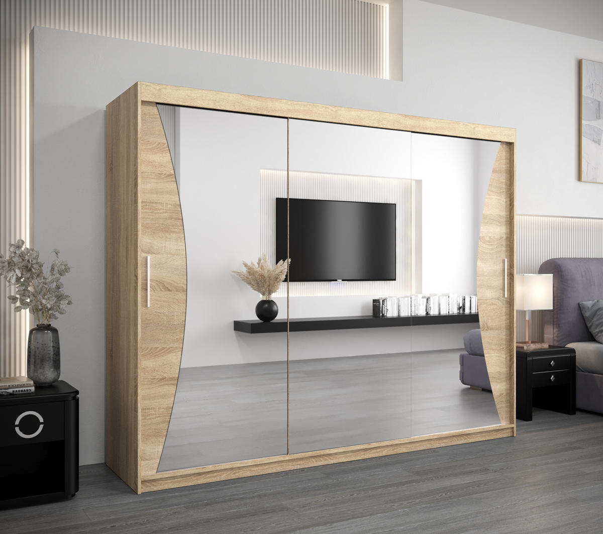 SCHWEBETÜRENSCHRANK 200/250/62 3-türig - Silberfarben/Sonoma Eiche, Holz/Kunststoff (250/200/62cm) - Abiks Möbel