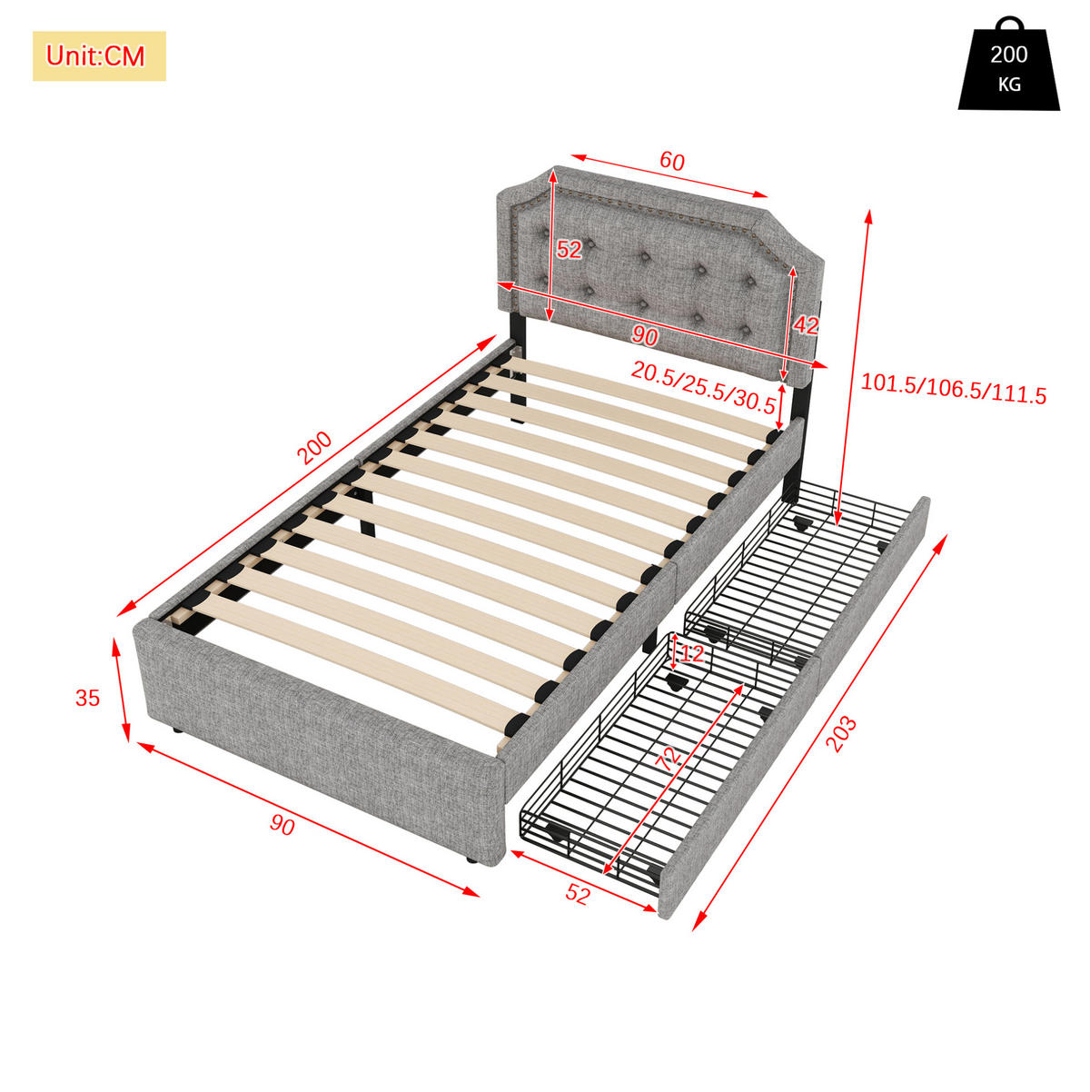BETT gepolstert mit 2 Schubladen 90x200 cm Leinen Grau - Dunkelgrau, Metall (90/200cm) - Meubliv
