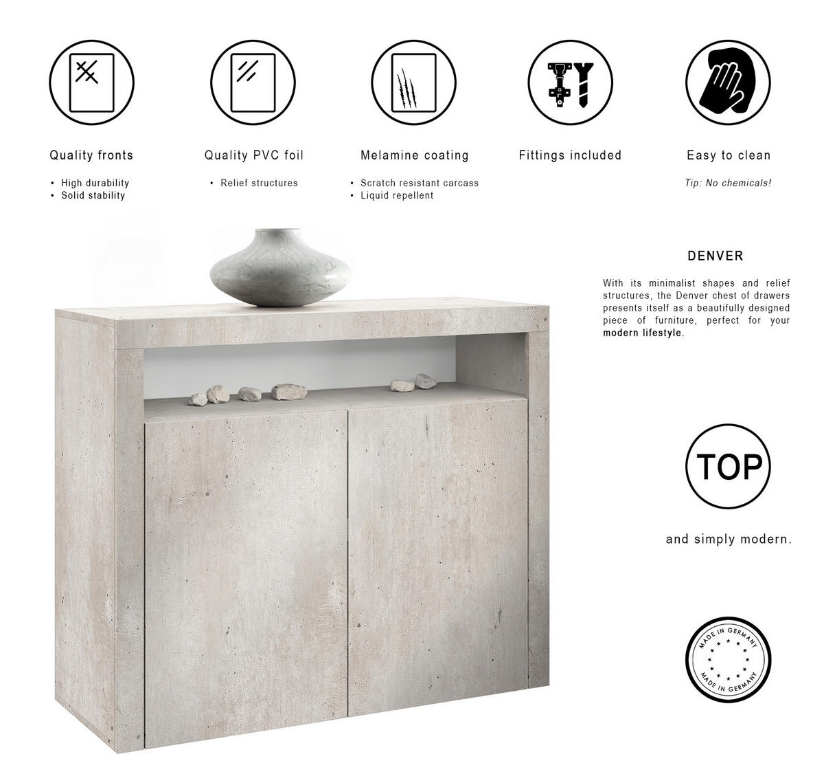 KOMMODE Denver Beton Oxid Optik - Hellgrau, Holzwerkstoff (107/88/35cm) - Vladon