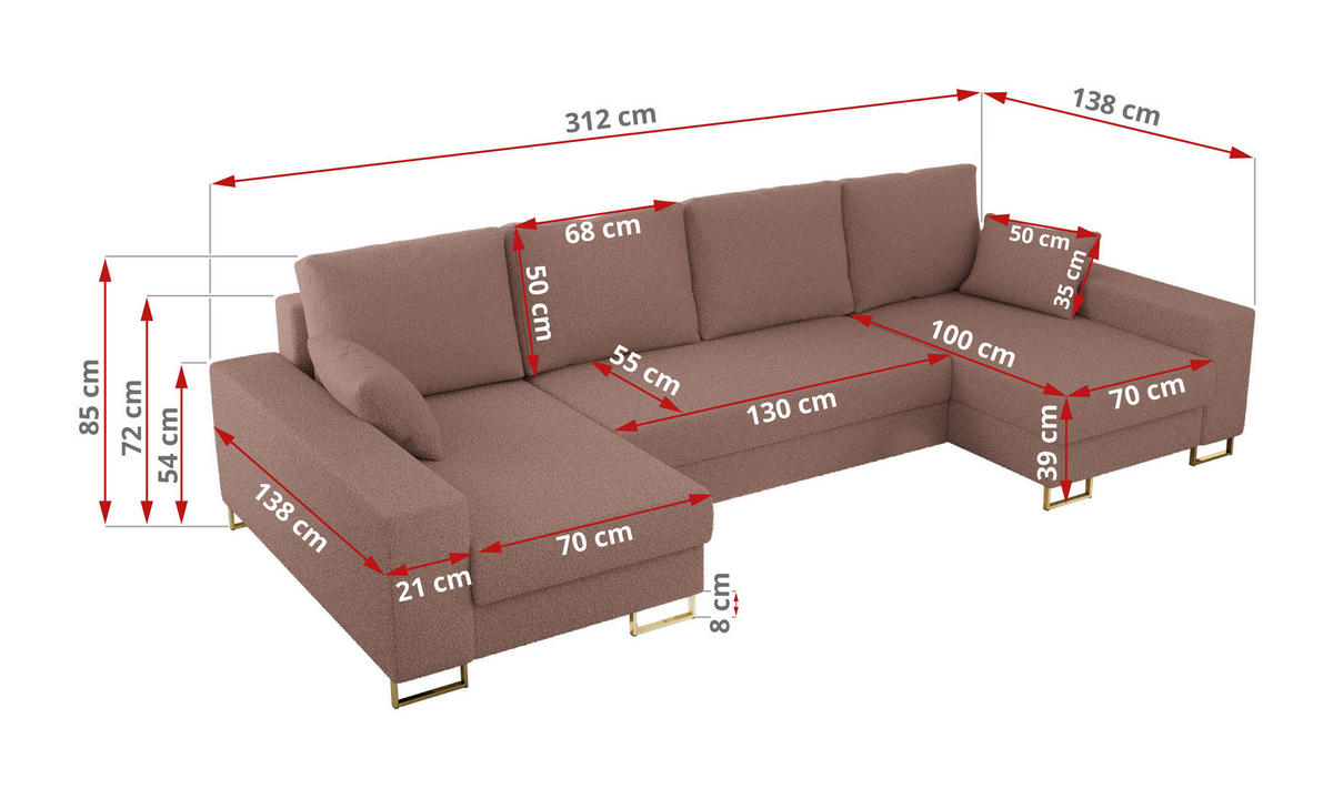 WOHNLANDSCHAFT DORIAN U Bouclé Rosa - Goldfarben/Rosa, Textil/Metall (312/85/138cm) - MKS