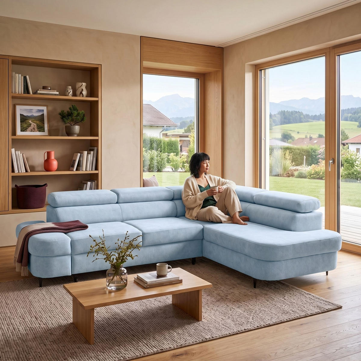ECKSOFA PRIAM L Rechts mit Schlaffunktion 125x195 Velours Hellblau - Schwarz/Hellblau, Holz/Textil (203/275cm) - Muffo