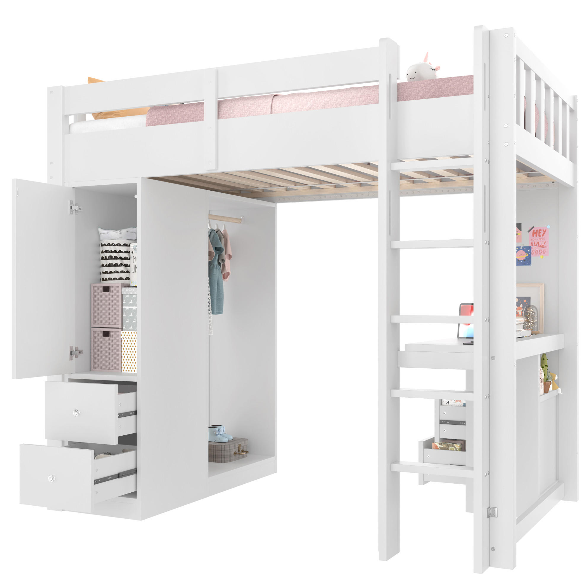 HOCHBETT 90/200 cm aus Massivholz und MDF mit Schreibtisch, LED, USB, 4 Schubladen und Kleiderschrank, Weiß - Weiß, Holzwerkstoff (90/200cm) - Redom