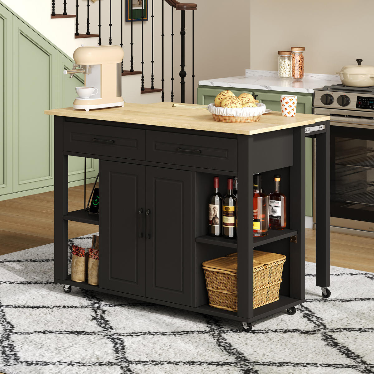 KÜCHENINSEL 120x77x93cm Schwarz MDF/Laminat mit Steckdose & Schubladen - Schwarz, Holzwerkstoff (120/93/77cm) - Modfu