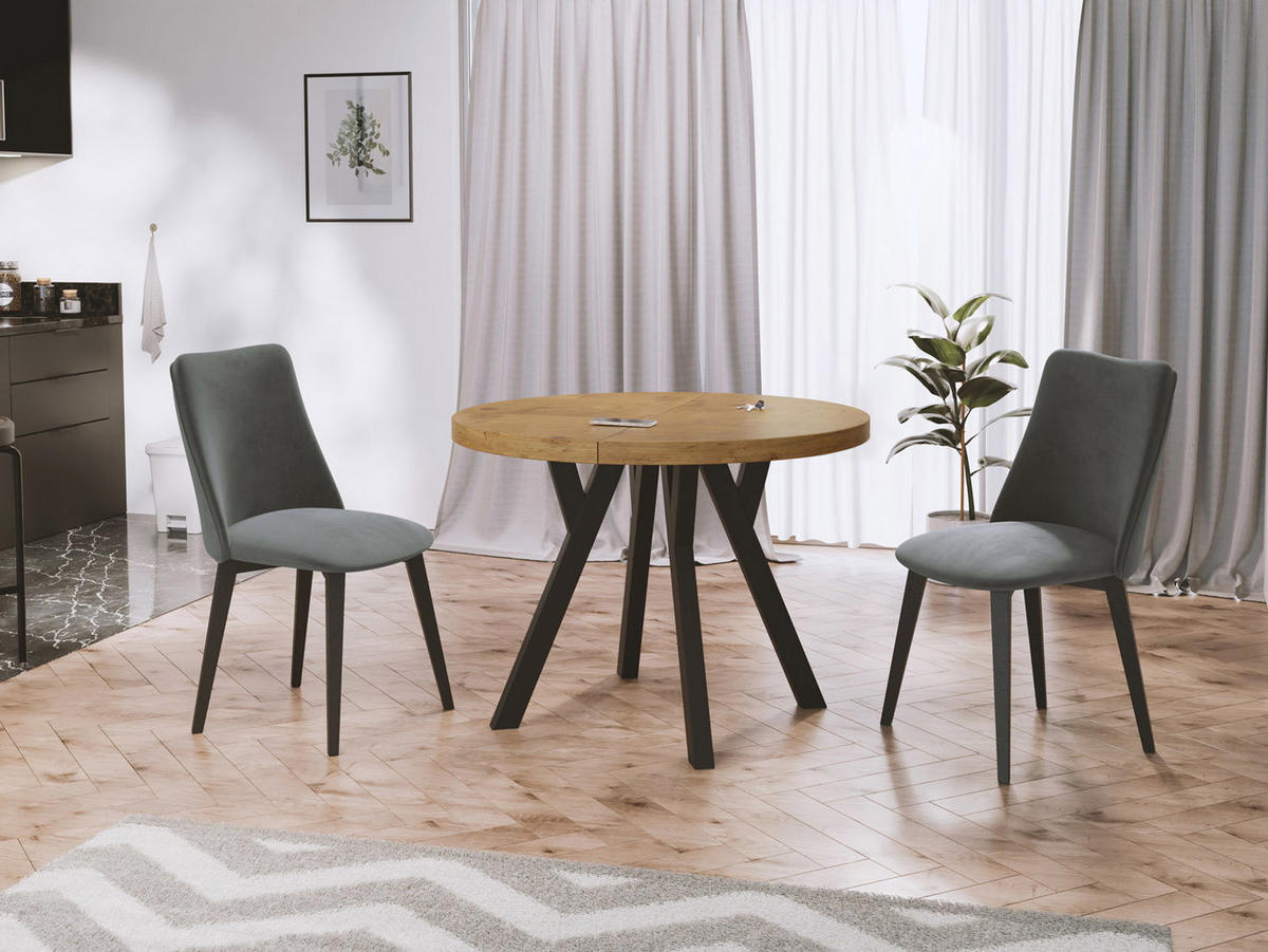 ESSTISCH Twixy runder ausziehbarer, Lancelot Eiche 100-150/100/76 cm - Eichefarben/Schwarz, Holz/Holzwerkstoff (100/150/76cm) - WFL GROUP