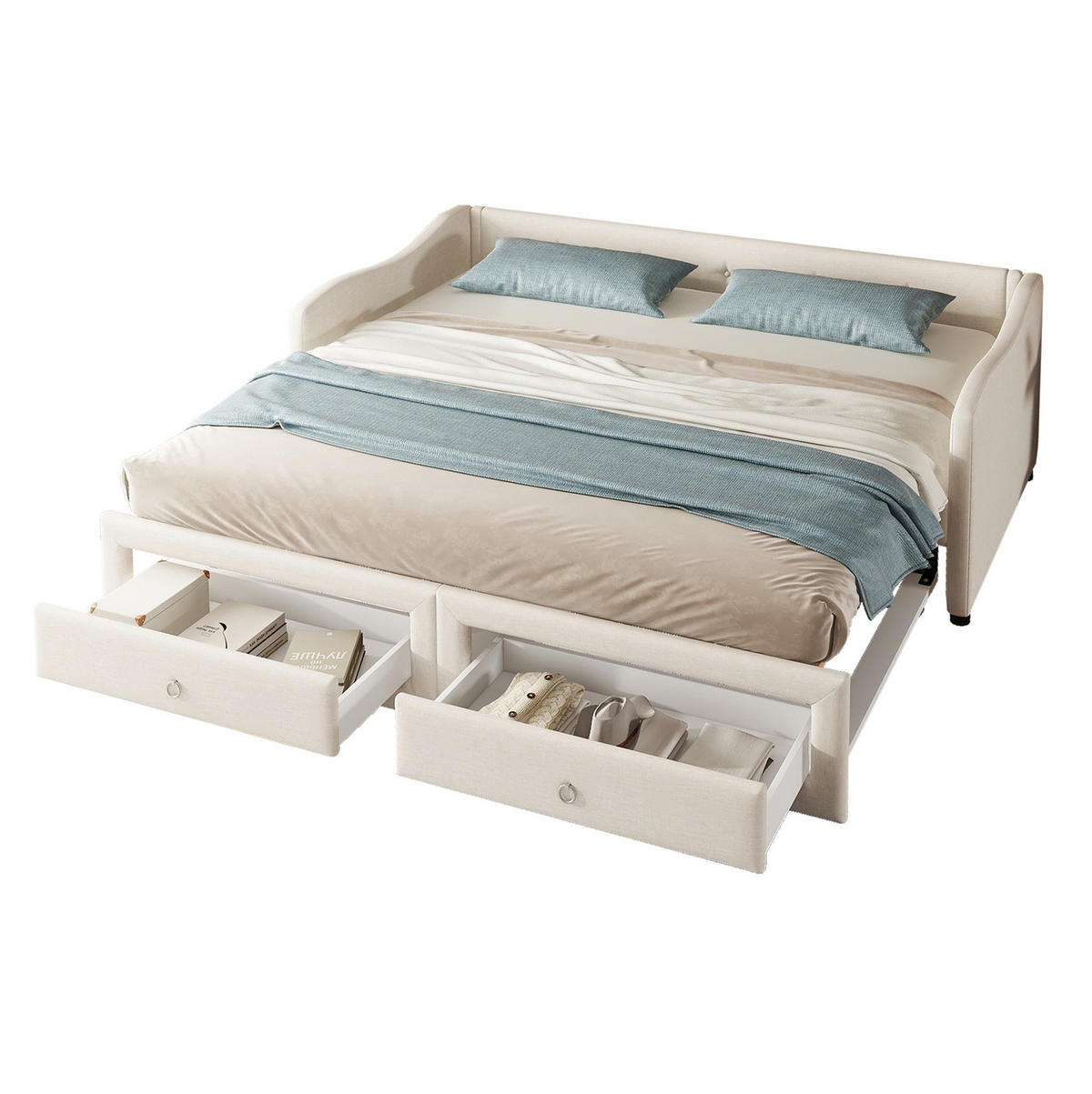 TAGESBETT 90/200 cm mit ausziehbarem Rollbett, 2 Schubladen und Leinenbezug, Beige - Beige, Textil (90/200cm) - Redom