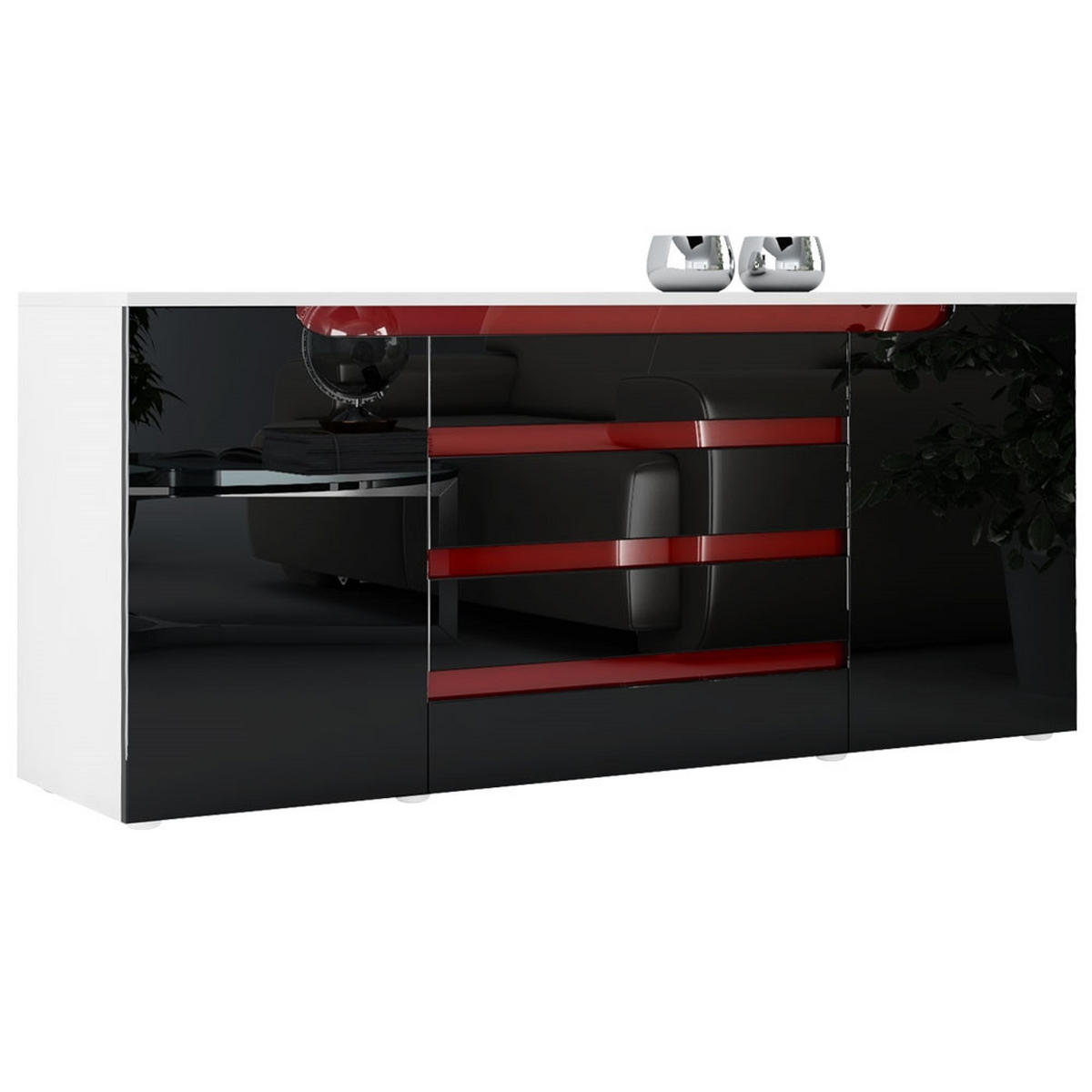 SIDEBOARD Sintra Schwarz Hochglanz / Bordeaux Hochglanz - Schwarz Hochglanz, Holzwerkstoff (166/72/35cm) - Vladon