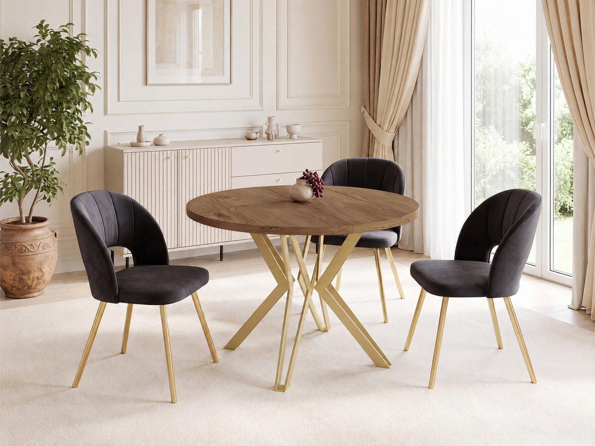 ESSTISCH Daisy runder ausziehbarer, Lefkas Eiche 100-180/100/76 cm - Alteiche/Goldfarben, Holzwerkstoff/Metall (100/180/76cm) - WFL GROUP