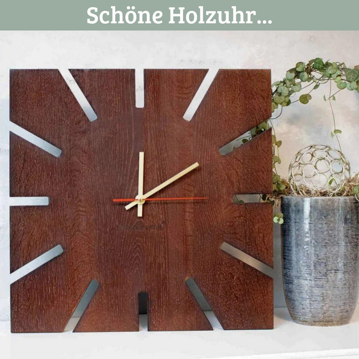 WANDUHR groß Holz SUN HANDGEFERTIGT 29x29 cm Eiche Massiv Geräuschlos - Braun, Holz (29/29/2cm) - DELUKE