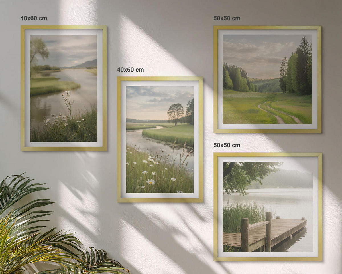 BILDER SET 4er Set - 50x50 cm & 40x60 cm Goldrahmen - Sommerlandschaften Flusswiese - Goldfarben, Kunststoff (50/50cm) - TULUP