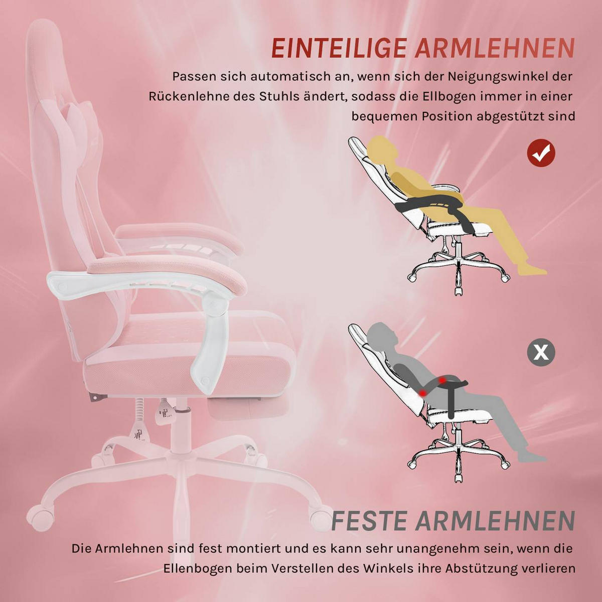 GAMINGSTUHL mit Massagefunktion, Netzstoff, Rosa+Weiß - Weiß/Rosa, Textil/Metall (70/127/70cm) - Woltu