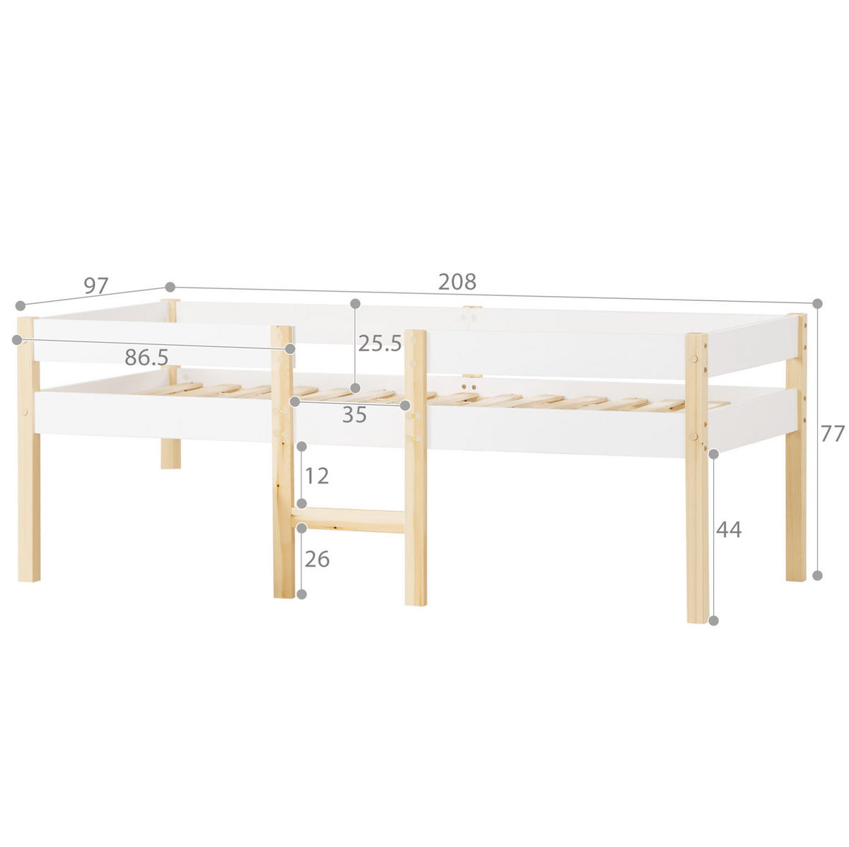 KINDERBETT 90/200 cm Weiß aus Massivholz mit Rausfallschutz und Leiter - Weiß, Holz (90/200cm) - Flora Grace