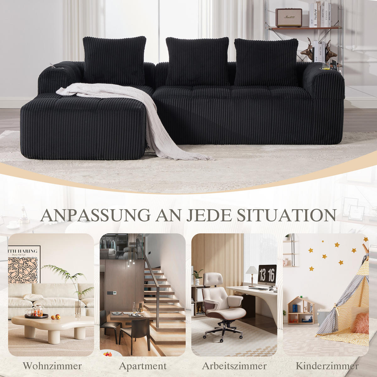 ECKSOFA 3-Sitzer mit Getränkehalter, Seitentaschen & 3 Kissen - Schwarz, Textil (253/158cm) - Urban Meuble