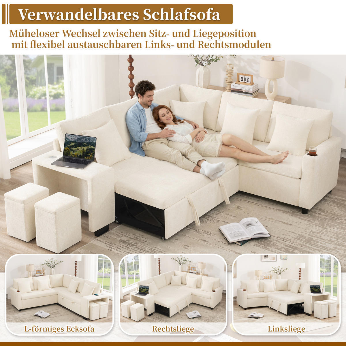 SCHLAFSOFA Beige L-Form USB Stauraum Getränkehalter Kissen - Beige, Textil (205/220cm) - FLIEKS