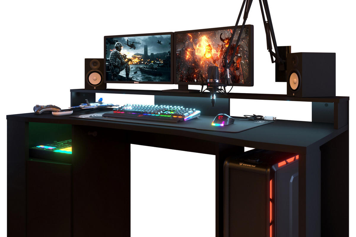 GAMINGTISCH schwarz, mit Monitorpodest und LED Beleuchtung - Schwarz, Holzwerkstoff (62/152/87cm) - Parisot Meuble