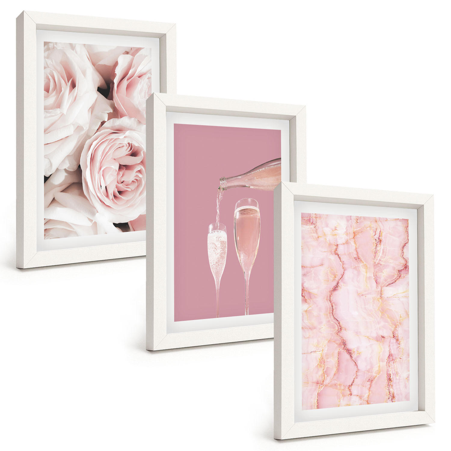 BILDER SET 3er Set - 20x30 cm Weißer Rahmen - Champagnerfarbene Rosen, Marmorhintergrund - Weiß, Kunststoff (20/30cm) - TULUP