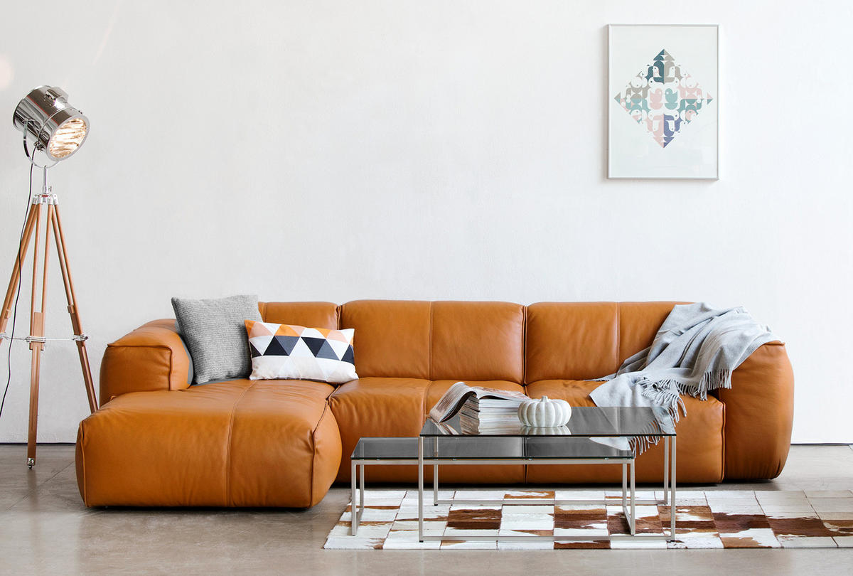 3-SITZER ECKSOFA mit Longchair - Cognac/Schwarz, Leder/Kunststoff (317/173cm) - home24