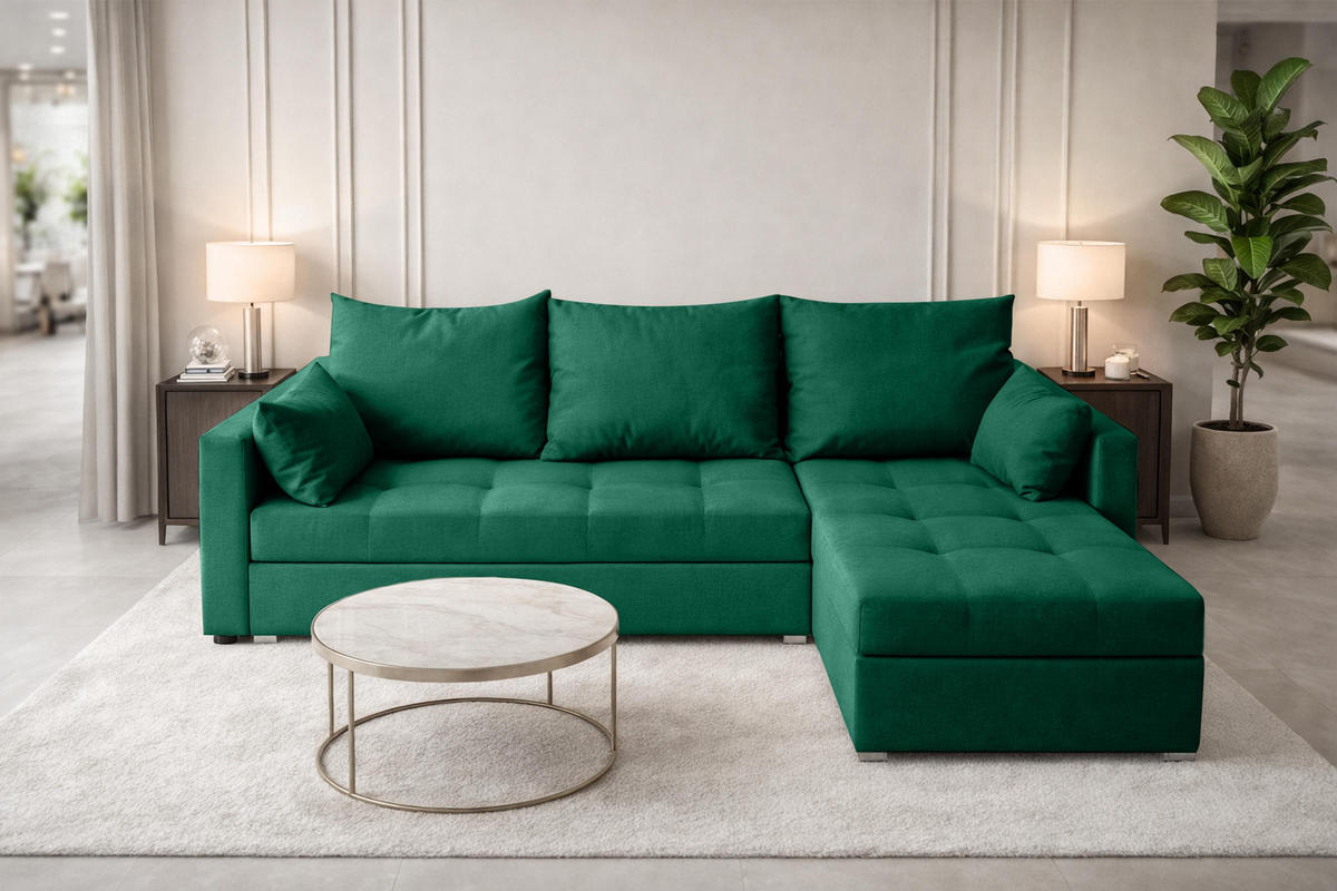 ECKSOFA Universelle L Form Elif Grün 220/140/85 cm stilvolle mit Schlaffunktion - Silberfarben/Grün, Kunststoff/Textil (220/140cm) - AX Living