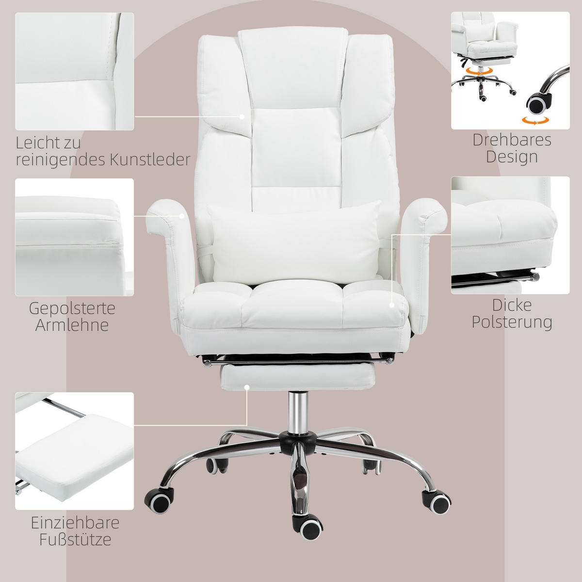 BÜROSTUHL, Ergonomisch Schreibtischstuhl mit Liegefunktion, Lendenkissen, Weiß - Chromfarben/Weiß, Kunststoff/Metall (65/115/69cm) - HOMCOM