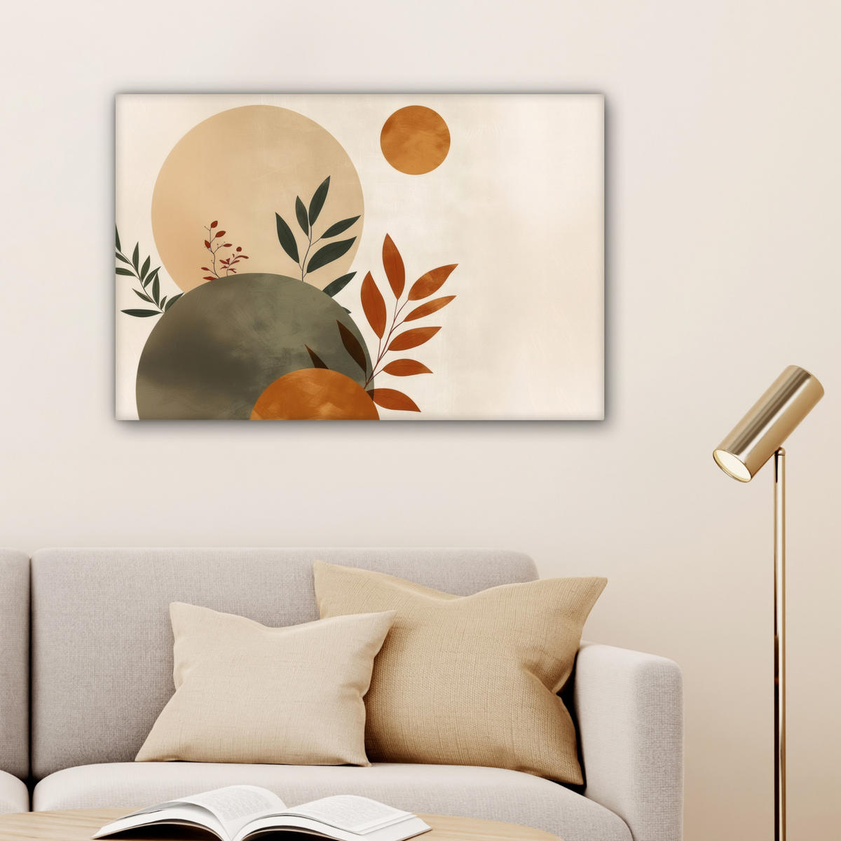 LEINWANDBILD Formen - Rund - Blätter - Beige Gemälde 60x40 cm - Rostfarben, Textil (60/40cm) - MuchoWow